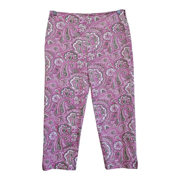 TALBOTS Women 10 Cropped Pants Paisley Pink Green Side Zip Cotton Blend 32 x 23 - Picture 1 of 8